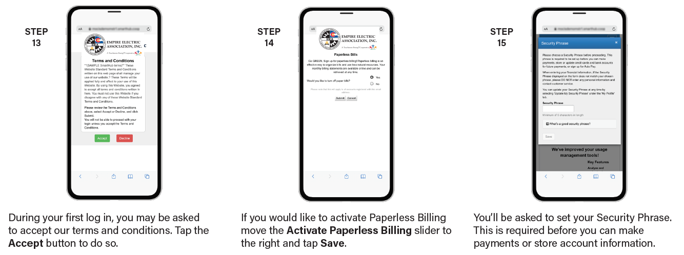 sign up steps 13, 14, 15