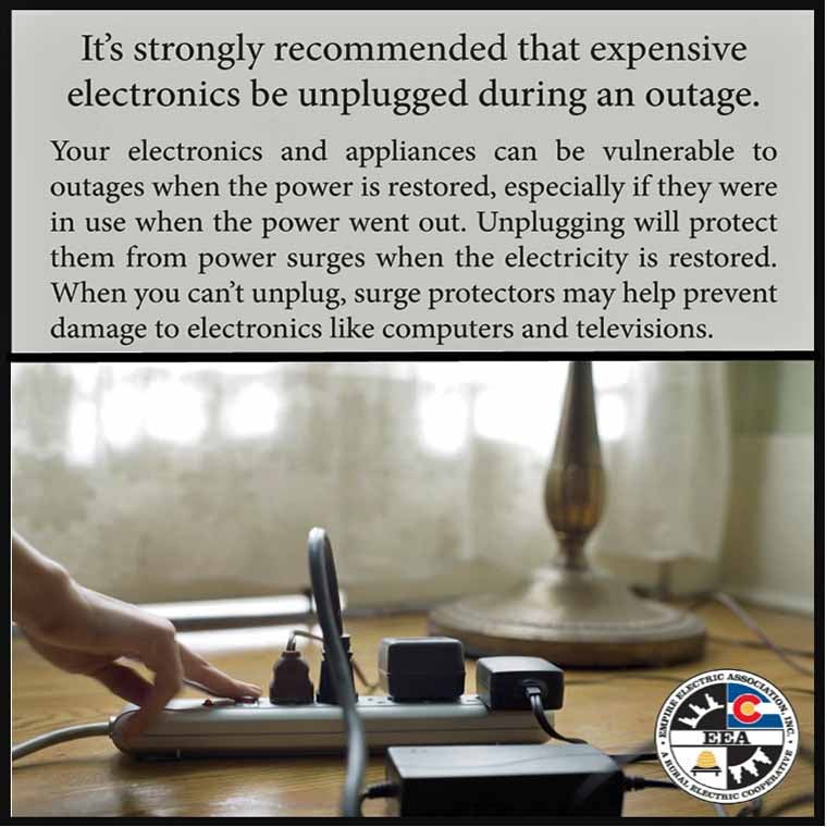 Picture of electronics and a power strip encouraging members to unplug sensitive electronics during an outage.