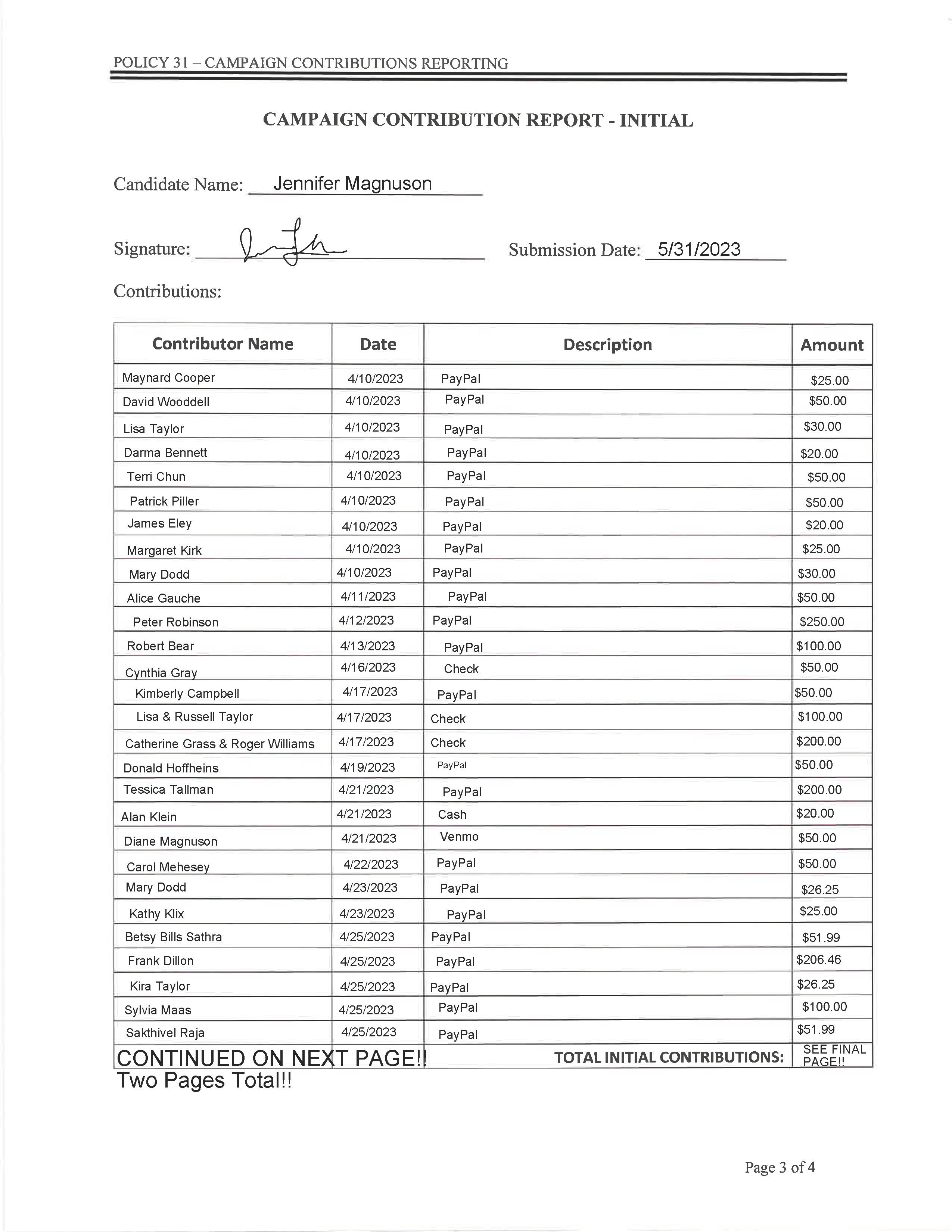 Jennifer Magnuson Initial Campaign Contribution Report page 1