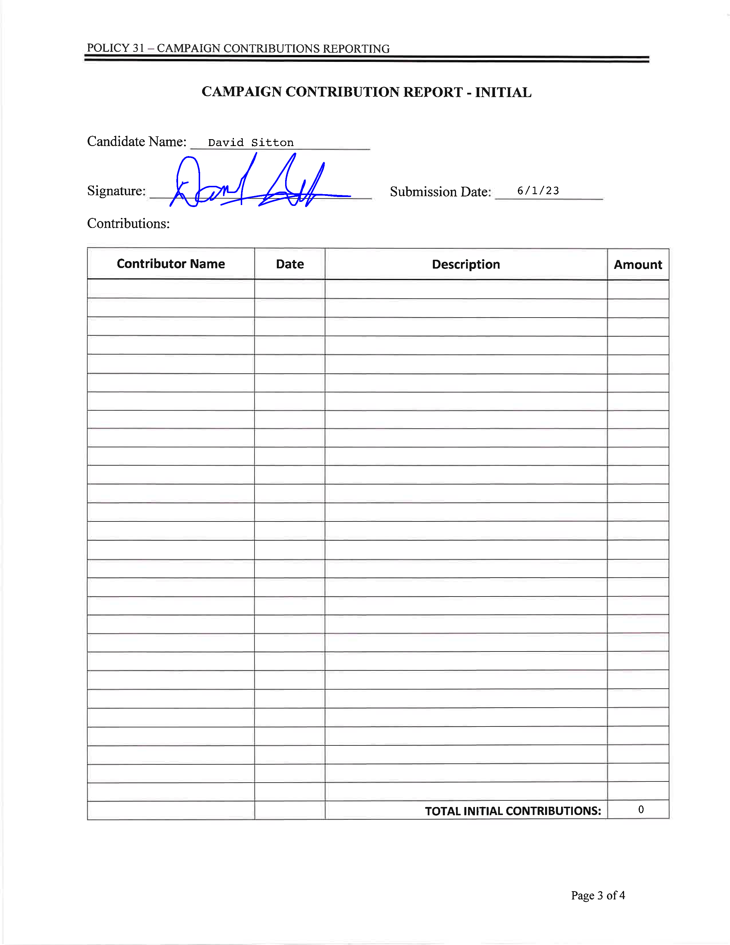 David Sitton Initial Campaign Contribution Report