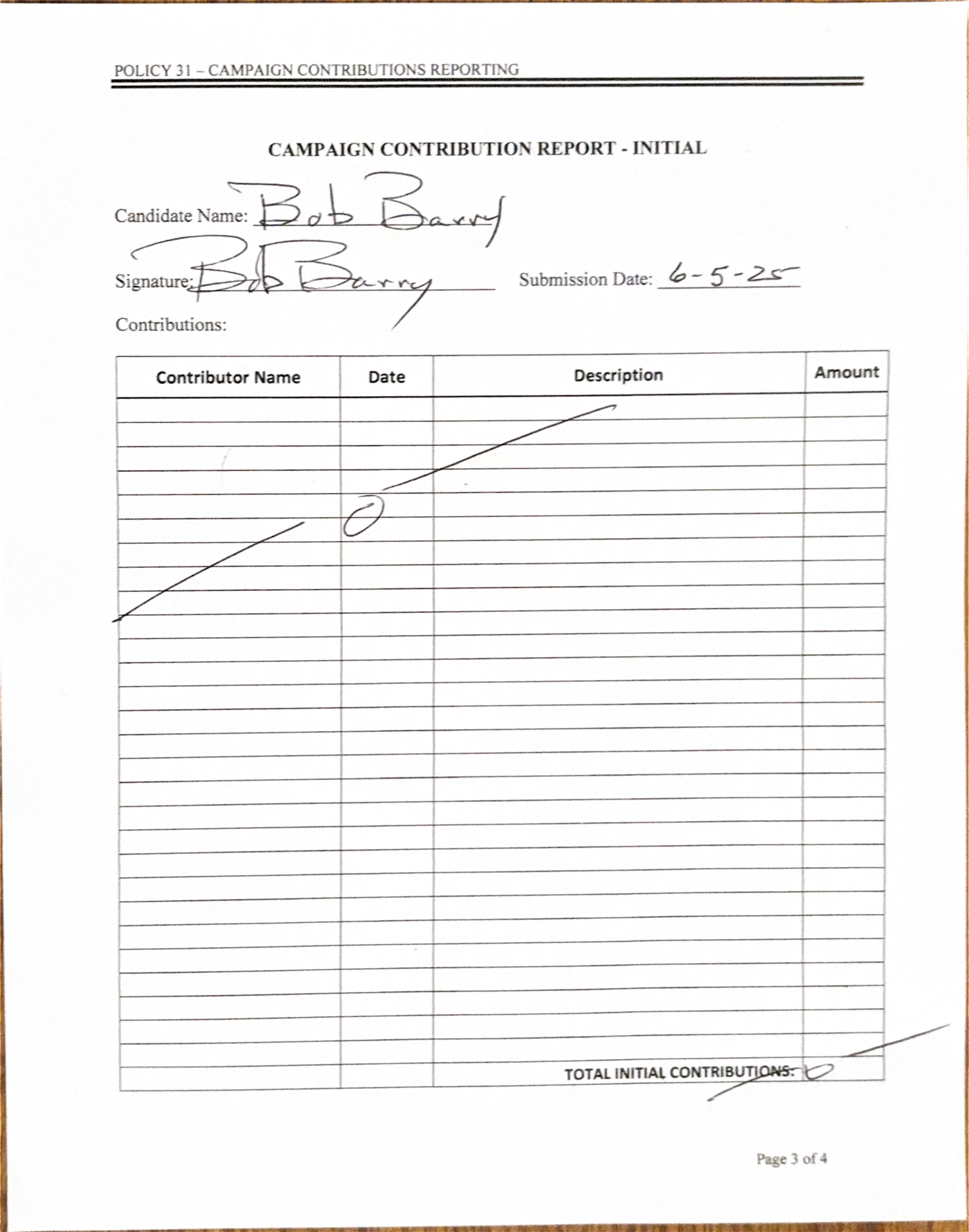 Robert A. Barry 2025 Initial Campaign Contribution Report