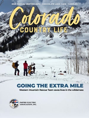 February 2026 Colorado Country Life cover featuring a rescue team on a snowy mountainside