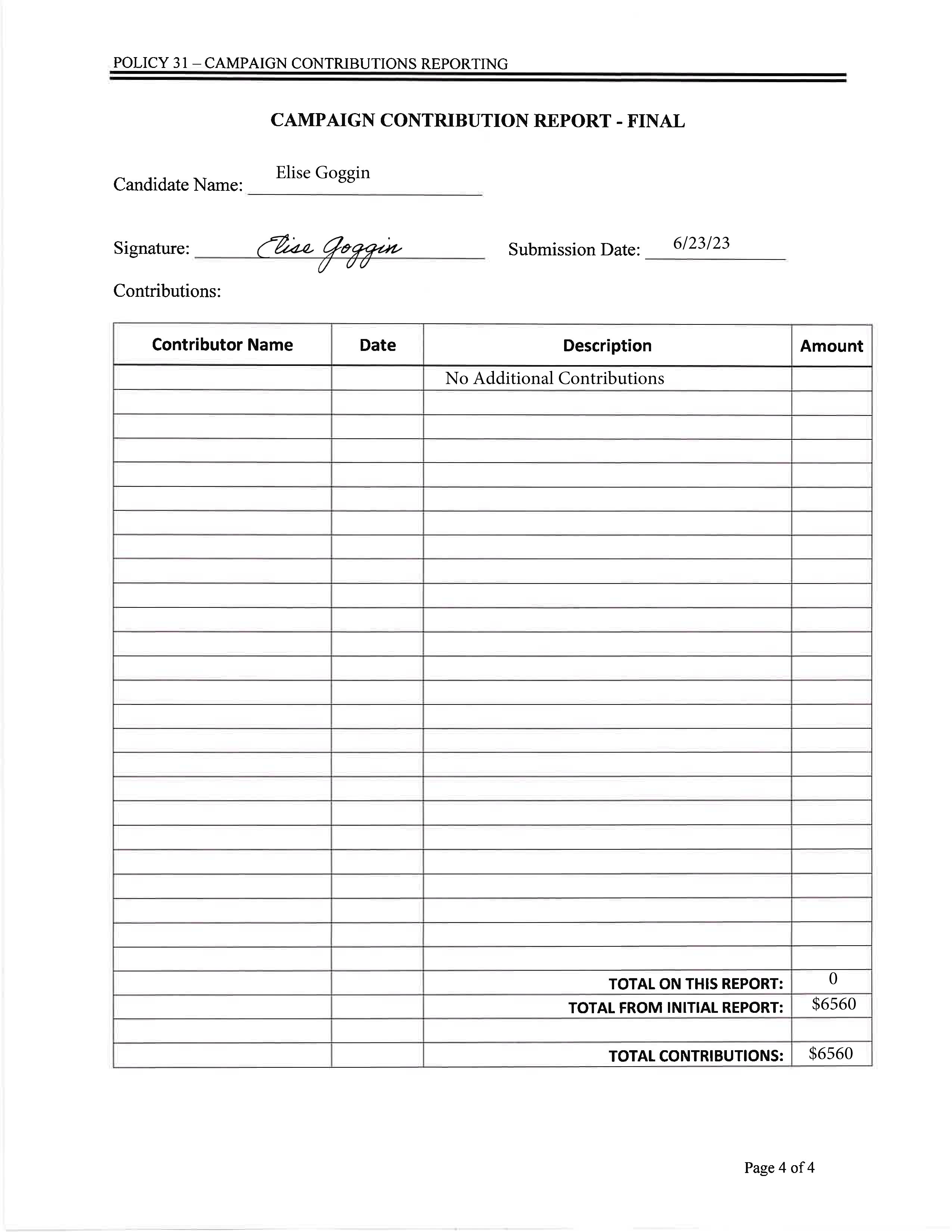 Elise Goggin Final Campaign Contribution Form