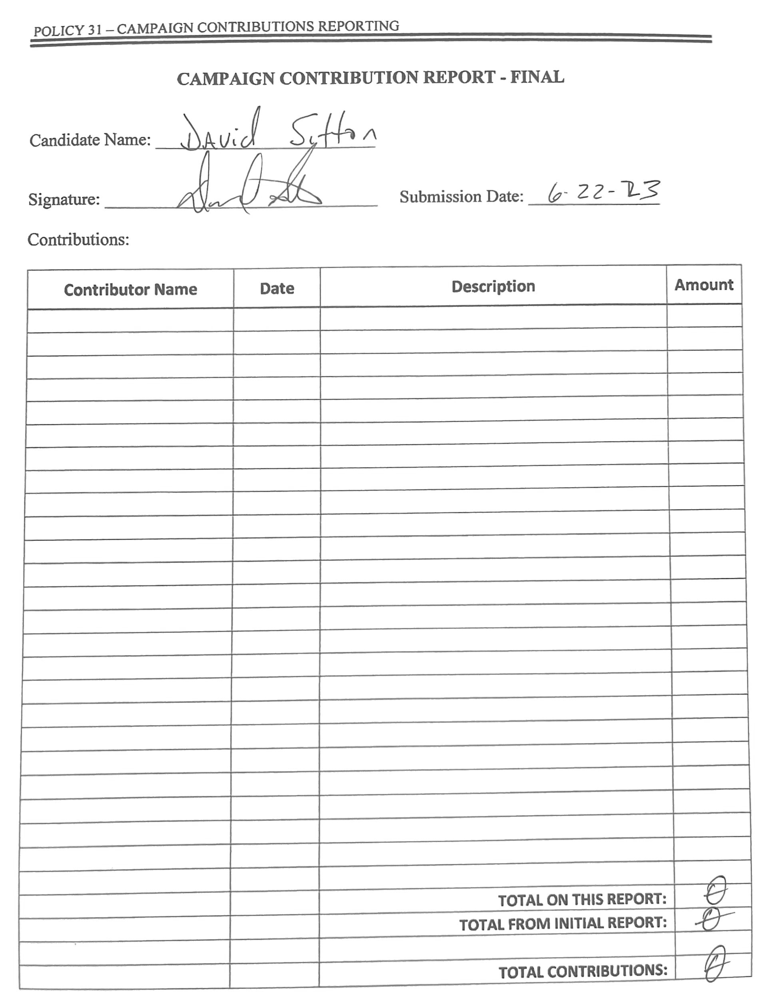 David Sitton Final Campaign Contribution Report